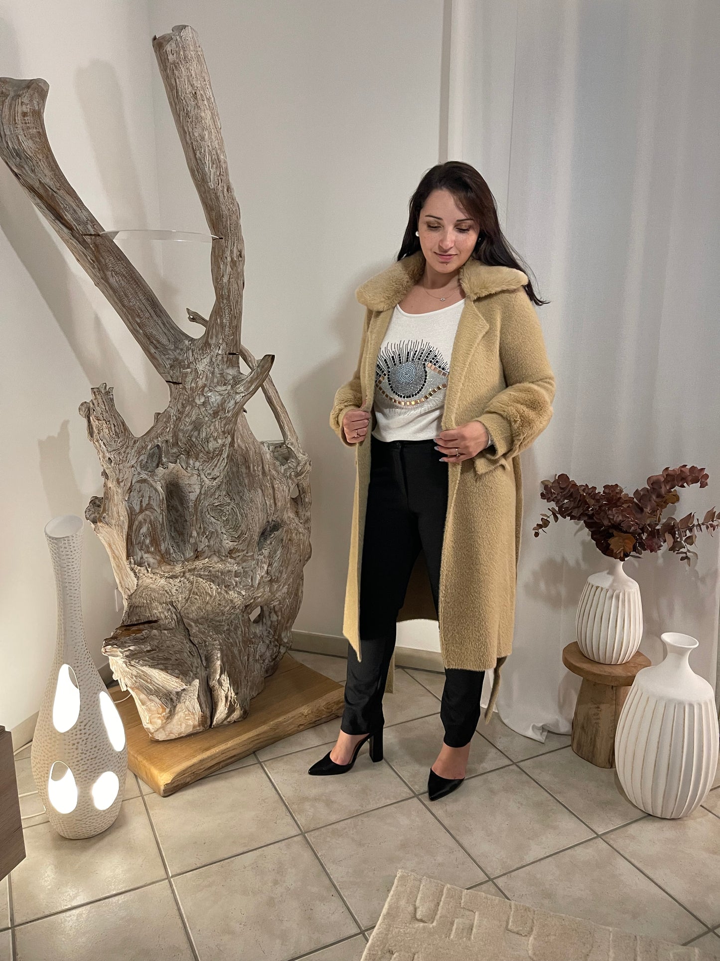 Manteau beige à fourrure Manigance.fr