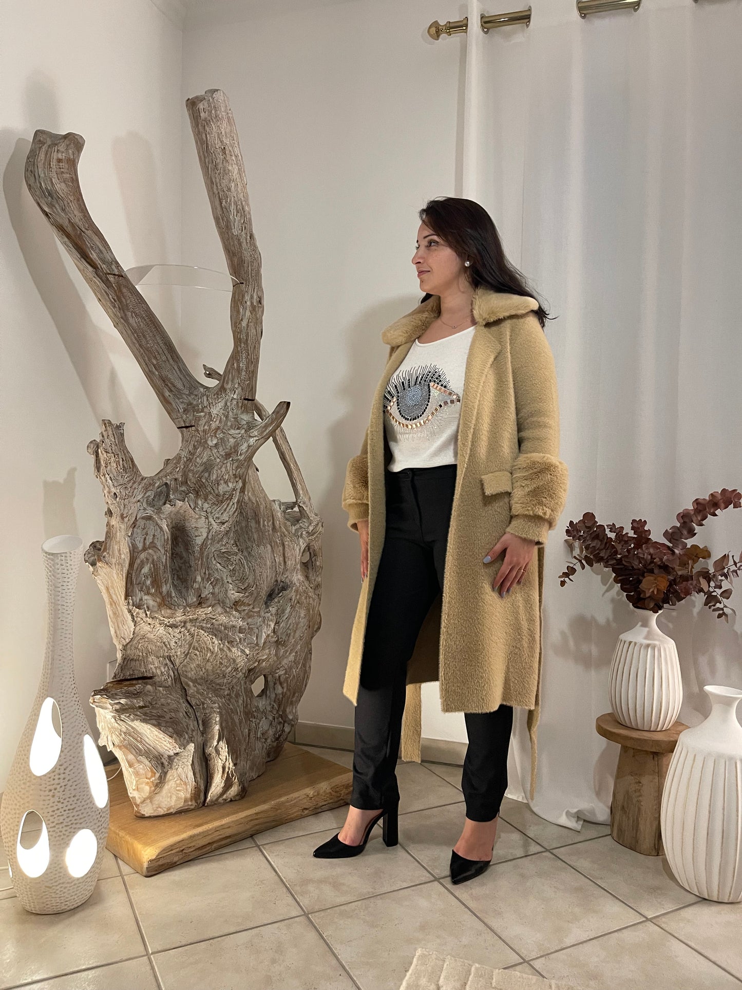 Manteau beige à fourrure Manigance.fr